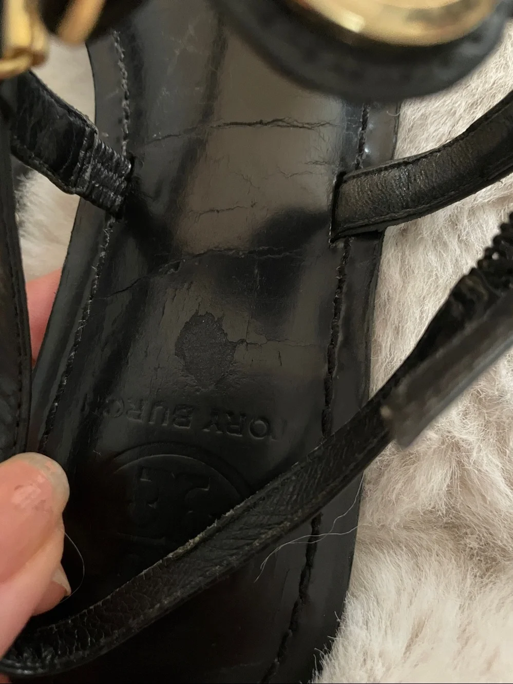Tory Burch Black Leather Sandals with Gold Logo Medallions 6.5